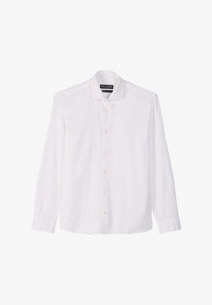 Weißes Langarm-Hemd mit Knopfverschluss aus glattem Stoff, ausgestattet mit einem klassischen Kragen, sieben Knöpfen an der Vorderseite und gerade geschnittenen Manschetten.