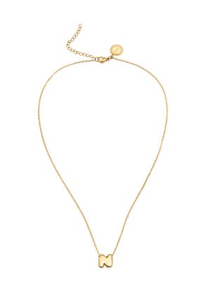 Feine goldene Kettenhalskette mit einem kleinen, glänzenden Anhänger in Form des Buchstabens "N" und verstellbarem Verschluss mit rundem Anhänger.
