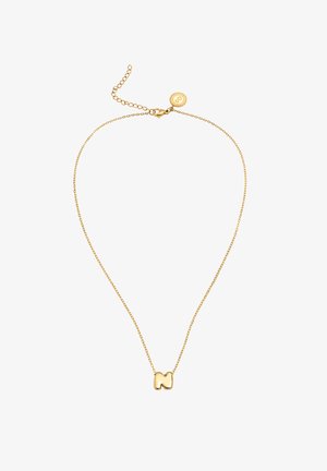 Delicate gouden ketting met een kleine, glanzende hanger in de vorm van de letter "N" en een verstelbare sluiting met een ronde tag.