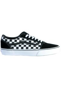 Sneakers in tela a scacchi bianco e nero con lacci bianchi e suole in gomma. Presentano dettagli cuciti e un design classico a taglio basso.
