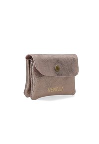 Metallic rose gold leather wallet with a flap closure, brass snap, and embossed branding on the front. Compact and rectangular shape.