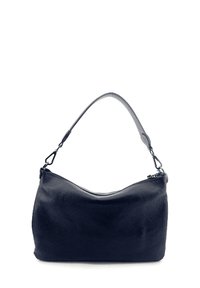 Borsa a tracolla in pelle nera con superficie testurizzata, forma curva e una singola tracolla regolabile. Presenta dettagli in metallo argentato.