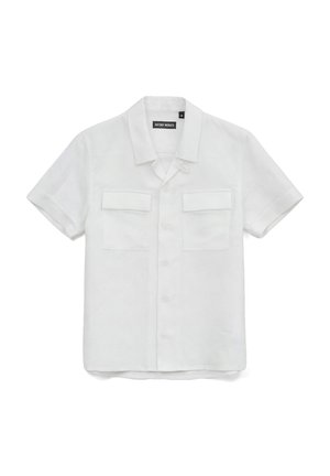 Chemise blanche à manches courtes boutonnée, avec deux poches à rabat à l'avant et un col à pointes larges, marque Antony Morato, taille 10.
