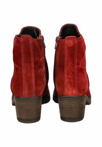Bottes de cheville en daim rouge avec un talon empilé, dotées d'une fermeture éclair sur le côté et de coutures verticales pour plus de détails. Talon texturé avec des lignes horizontales.