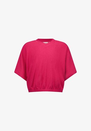 Roze cropped top met een V-hals, korte brede mouwen en een gestructureerd oppervlak. Heeft een aangesloten tailleband voor een ontspannen pasvorm.