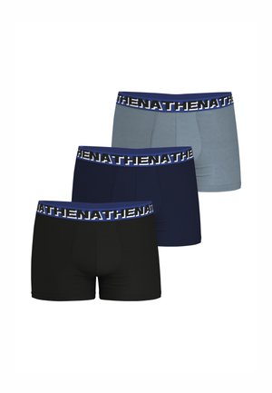 Trois paires de boxers : noir, marine et bleu clair, avec des ceintures élastiques portant le nom de la marque en lettres épaisses.