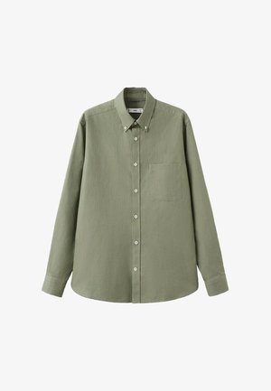 Camicia da uomo a maniche lunghe con bottoni, di colore verde oliva chiaro, con taschino sul petto e colletto abbottonato, realizzata in tessuto di velluto a coste.