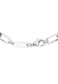 Silver chain bracelet with oval links, a flat rectangular tag, and a lobster clasp closure. Smooth metallic texture with a polished finish.