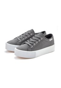 Gray canvas sneakers with a rounded toe, white rubber sole, and eyelets. Features flat laces and a brand label on the side.