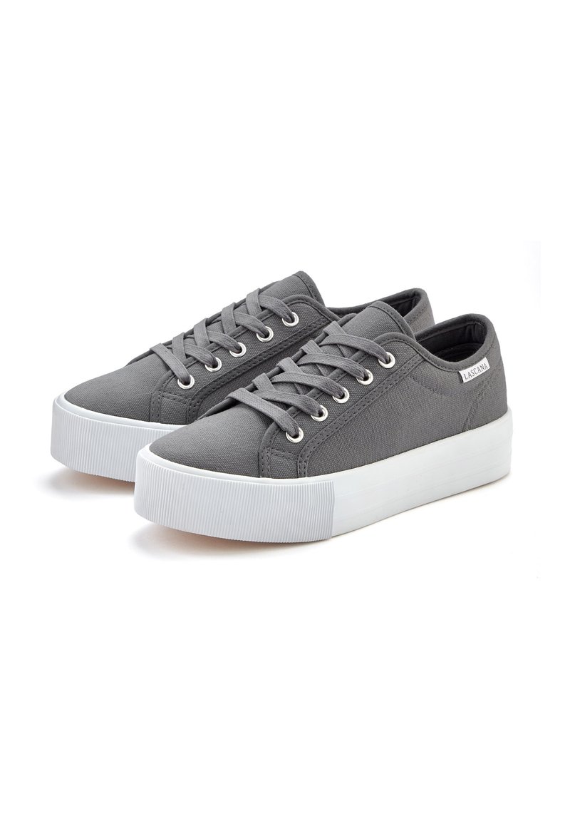 Gray canvas sneakers with a rounded toe, white rubber sole, and eyelets. Features flat laces and a brand label on the side.