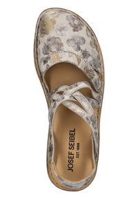 Mary-Jane-Sandalen mit einem floralen Muster in Creme-, Braun- und Goldtönen, mit überkreuzten Riemen und einem gepolsterten Innenbereich.