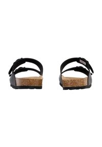 Zwarte sandalen met twee verstelbare banden, kurken voetbed en gegoten rubberen zool, geschikt voor casual wear en comfort.