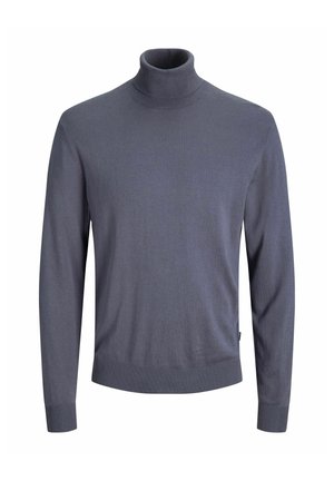 Pull col roulé à manches longues gris, fabriqué à partir d'un tissu doux et texturé. Présente des poignets et un ourlet côtelés, avec une silhouette ajustée.