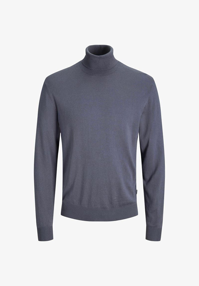 Pull col roulé à manches longues gris, fabriqué à partir d'un tissu doux et texturé. Présente des poignets et un ourlet côtelés, avec une silhouette ajustée.