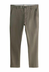 Olive green pants made of lightweight fabric, featuring a zip fly, button closure, and two front pockets with a smooth texture.
