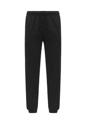 Pantaloni della tuta neri realizzati in tessuto morbido, con un elastico in vita e cordini, polsini elastici alla caviglia e una superficie liscia.
