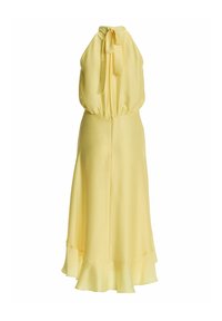 Gelbes, ärmelloses Neckholderkleid mit gebundener Schleife am Hals, tailliert und mit einem fließenden, gerafften Saum.