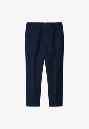 Námořnické modré kalhoty z lehkého materiálu, s plochým předním dílem, poutky na opasek, dvěma bočními kapsami a přizpůsobeným střihem.