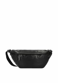 Borsa in pelle nera con forma curvata, chiusura con zip e due tasche anteriori con zip. Tracolla regolabile per opzioni di indossamento versatili. Texture morbida.