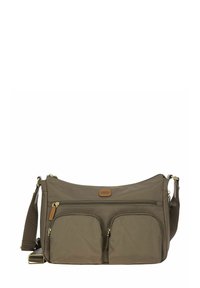 Borsa a spalla verde oliva in nylon resistente, con una texture liscia, due tasche frontali con zip e una tracolla staccabile con dettagli in metallo.
