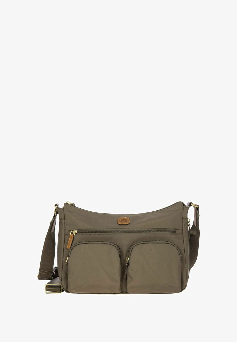 Borsa a spalla verde oliva in nylon resistente, con una texture liscia, due tasche frontali con zip e una tracolla staccabile con dettagli in metallo.