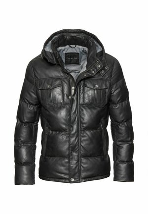 Schwarze gesteppte Lederjacke mit Reißverschluss und Druckknöpfen, zwei Klappentaschen auf der Brust, seitlichen Reißverschlusstaschen und einer Kapuze mit Innenfutter.