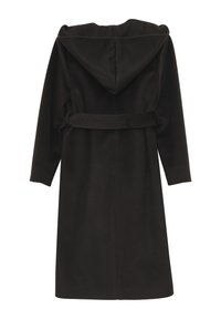 Robe nera con cappuccio, dotata di una cintura, maniche lunghe e una texture morbida. Il design è semplice e dritto, con un retro liscio.