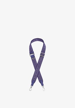 Adjustable purple fabric bag strap with silver clasps and "LIEBESKIND" text woven along its length.
