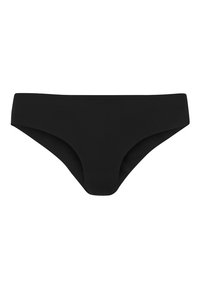 Parte inferiore di bikini nera con un tessuto liscio e elastico. Presenta un design a vita bassa e una copertura minimale, adatta per costumi da bagno.