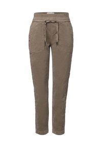 Pantalons beiges à cordon de serrage avec une taille élastique, poches avant, design de jambe fuselée et tissu texturé. Adaptés à un usage décontracté.