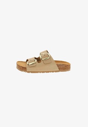 Tan slide sandal with two adjustable gold-tone buckles and cork footbed on a textured sole.