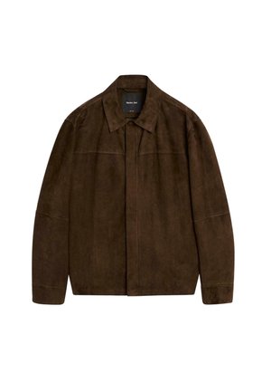 Brown suede jacket with a collar, long sleeves, and a front closure. Features a smooth texture and simple design with no visible patterns.