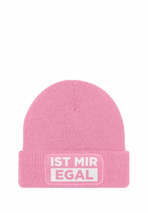Pink knitted beanie with a folded cuff, featuring a rectangular patch with the text "IST MIR EGAL" in bold white letters.