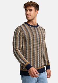 Pull en tricot avec un motif rayé bleu, doré et crème, doté de poignets et d'ourlet côtelés, et d'un col rond.