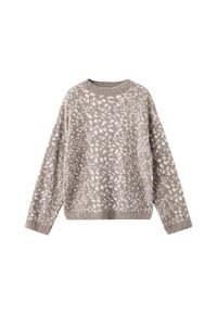 Pull marron clair avec un motif texturé de taches crème, manches longues et col rond. Matériau doux avec une coupe décontractée.