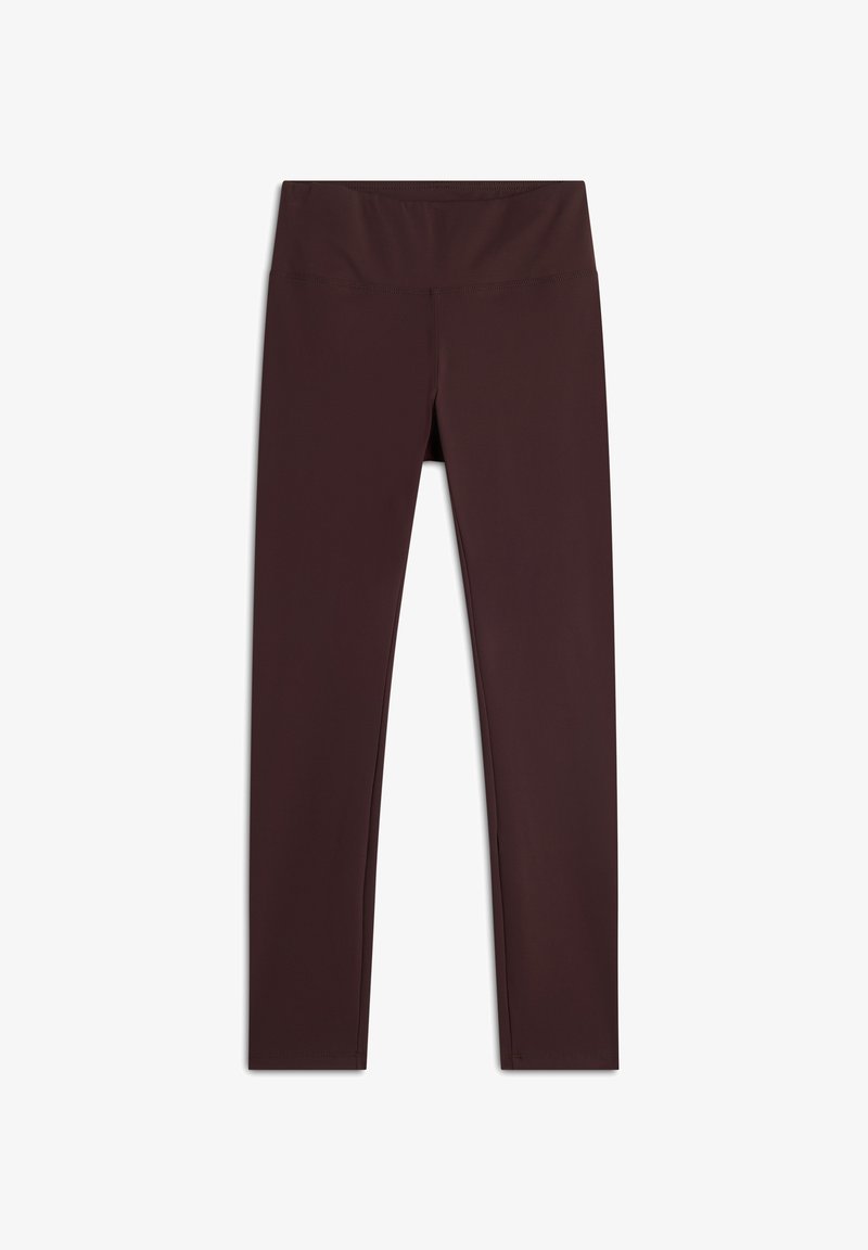 Leggings bordeaux realizzati in un tessuto liscio e elasticizzato, con una vita alta e un design senza cuciture, caratterizzati da una silhouette aderente e una lunghezza piena.