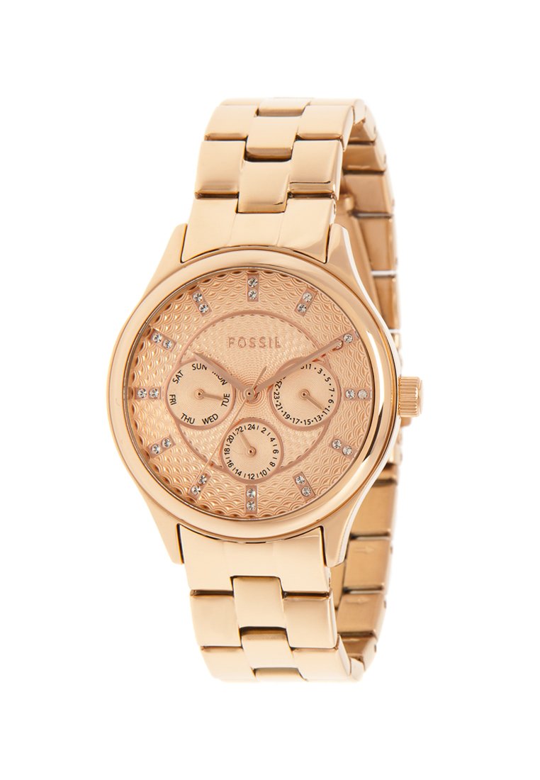 Montre en or rose avec un cadran texturé, indicateurs de date et de jour, et accents en bijoux sur les marqueurs d'heure. Design de bracelet en maillons métalliques.