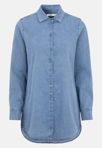 Hellblaues Jeanshemd mit Kragen, langen Ärmeln, durchgehendem Knopfverschluss und abgerundetem Saum. Verfügt über eine weiche Textur und ein lässiges Design.