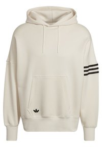 Felpa color crema realizzata in morbido tessuto, con tasca frontale, cordini, un logo nero e strisce nere sulla manica sinistra.