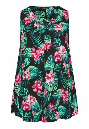 Vestido negro sin mangas con vibrantes flores de hibisco rosas y hojas tropicales verdes, con escote redondo y ajuste holgado.