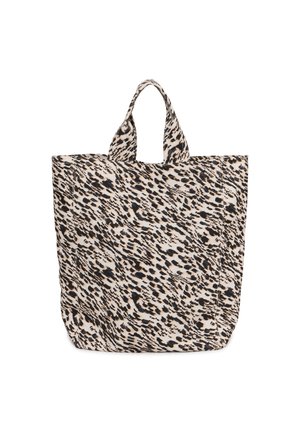 Sac en toile avec une base crème présentant un imprimé animal abstrait noir et beige. Deux poignées robustes pour un transport facile.