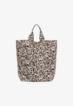 Audinio pirkinių maišelis su kreminiu pagrindu, puikuojantis juodu ir smėlio spalvos abstrakčiu gyvūnų raštu. Dvi tvirtos rankenos, užtikrinančios patogų nešimą.