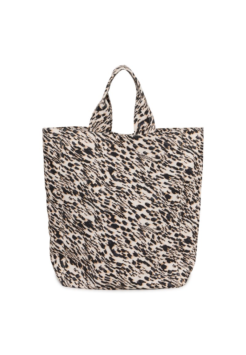 Canvas tote bag with a cream base featuring a black and beige abstract animal print. Two sturdy handles for easy carrying.