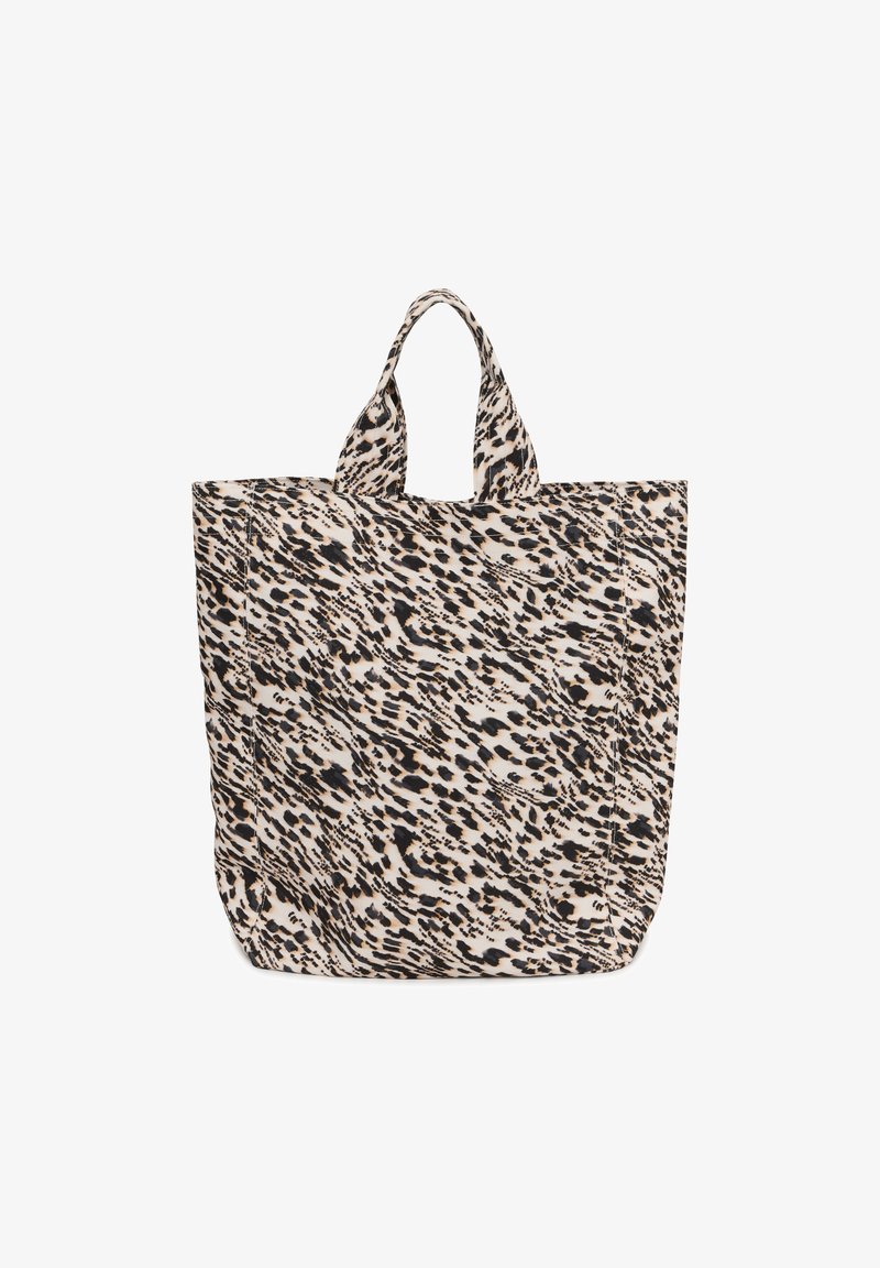 Audinio pirkinių maišelis su kreminiu pagrindu, puikuojantis juodu ir smėlio spalvos abstrakčiu gyvūnų raštu. Dvi tvirtos rankenos, užtikrinančios patogų nešimą.