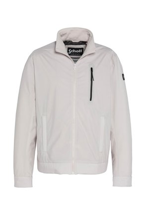 Light grey jacket with a zip front, stand-up collar, two side pockets, and a zippered chest pocket. Smooth, lightweight fabric with a matte finish.