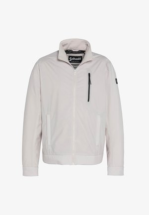 Veste gris clair avec fermeture éclair à l'avant, col montant, deux poches latérales et une poche poitrine zippée. Tissu lisse et léger avec une finition mate.