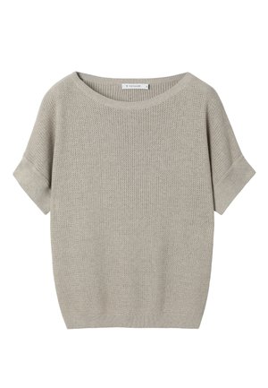 Svetlo béžový pletený sveter s krátkymi rukávmi s manžetami a širokým okrúhlym výstrihom.