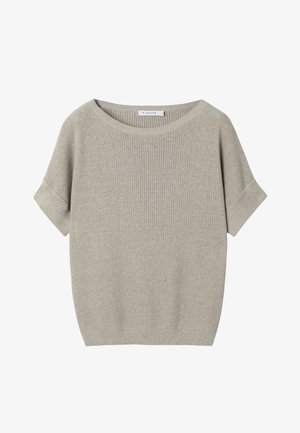 Svetlo béžový pletený sveter s krátkymi rukávmi s manžetami a širokým okrúhlym výstrihom.