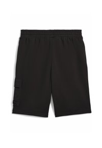 Black cargo shorts with an elastic waistband, side pocket, and a smooth texture. Mid-thigh length, simple design without patterns.