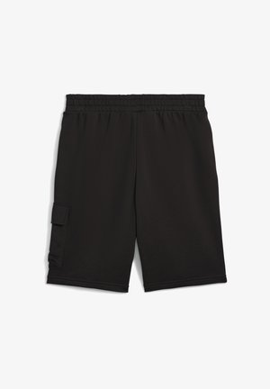 Črne cargo kratke hlače z elastičnim pasom, stranskim žepom in gladko teksturo. Dolžina do sredine stegna, preprost dizajn brez vzorcev.